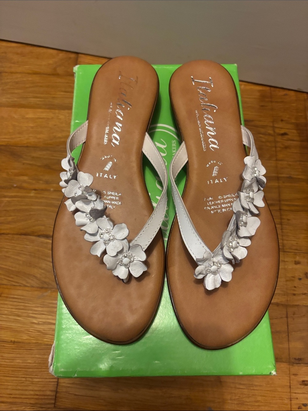 Italina Silver Floral Leather Thong Sandals for Women